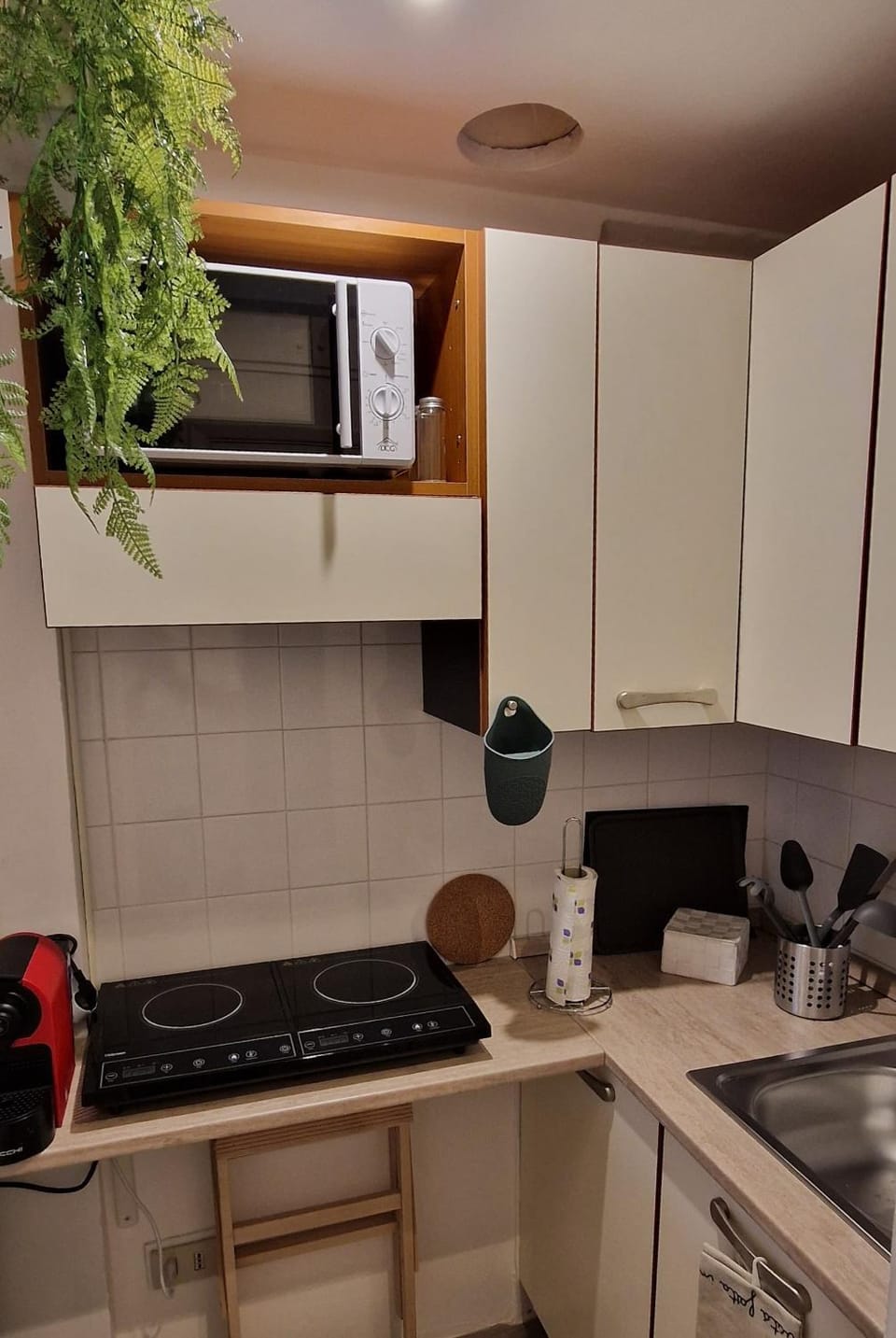 Kitchen or kitchenette, microwave, stove