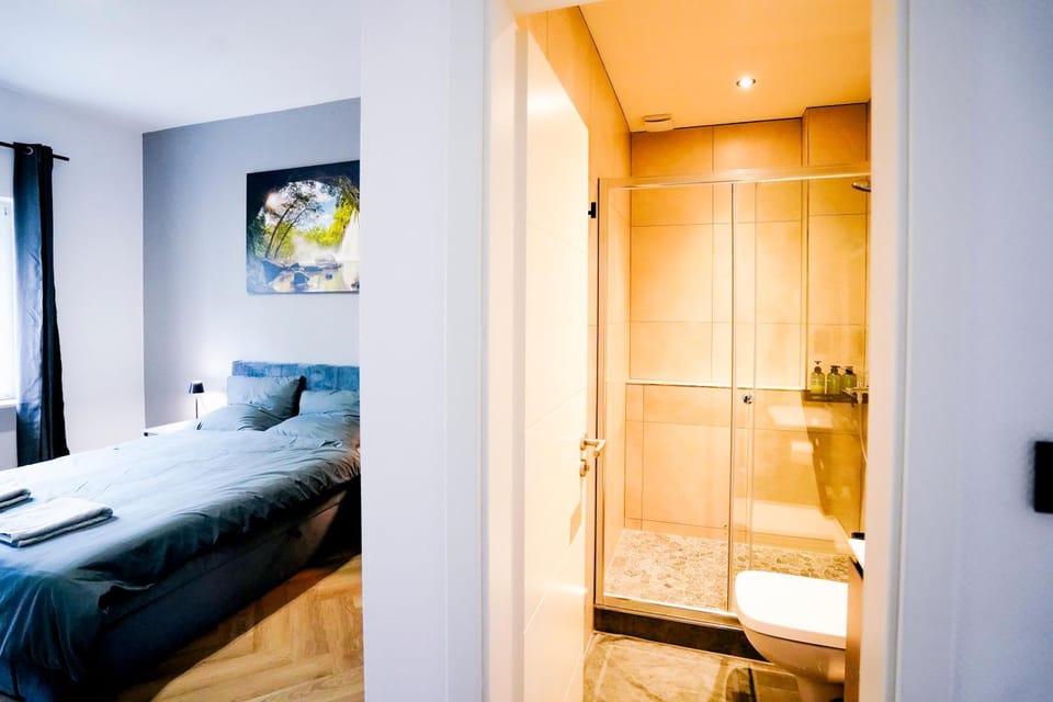 Shower, Toilet, Bed, Bathroom, Photo of the whole room, Bedroom