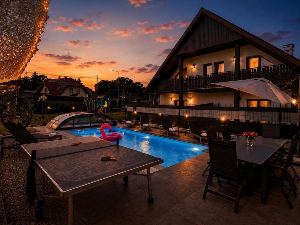Night, Pool view, Swimming pool, Sunset, sunbed