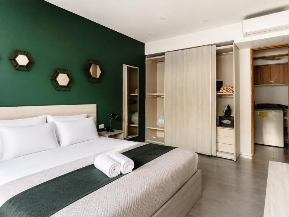 Bed, Photo of the whole room, Bedroom, towels, wardrobe, air conditioner