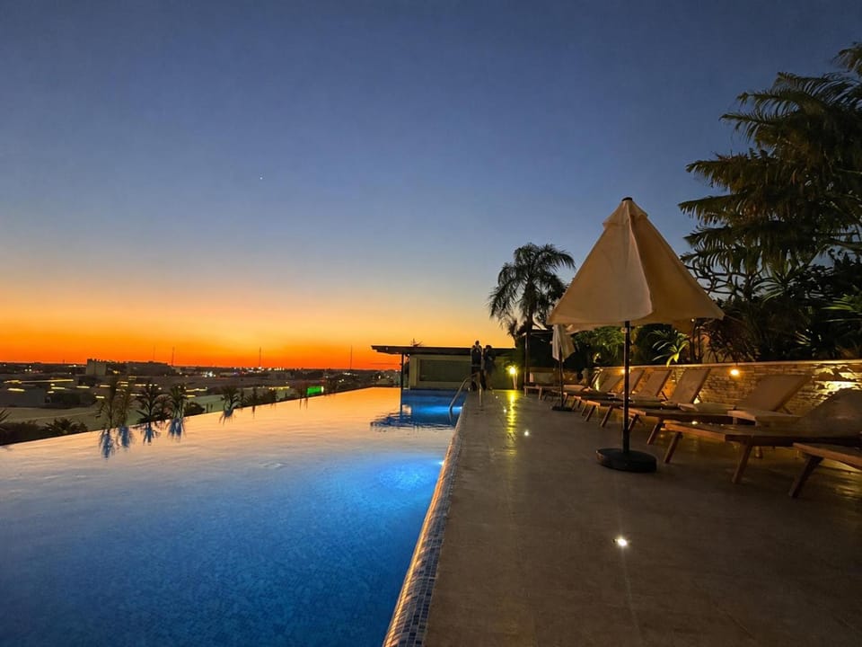 Night, Natural landscape, Pool view, Swimming pool, Sunset, sunbed
