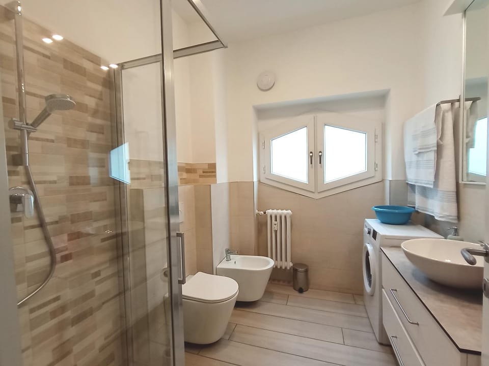 Shower, Toilet, Bathroom, bidet, towels, washing machine