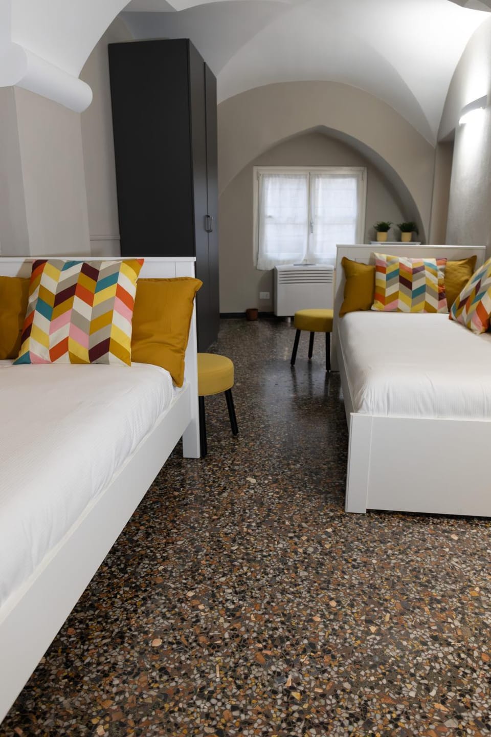 Bed, Bedroom, Street view, heating, wardrobe