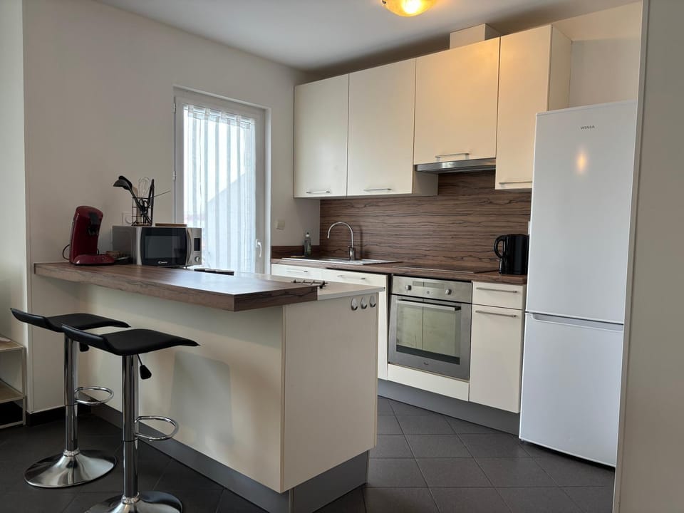Kitchen or kitchenette, dishwasher, stove, toaster