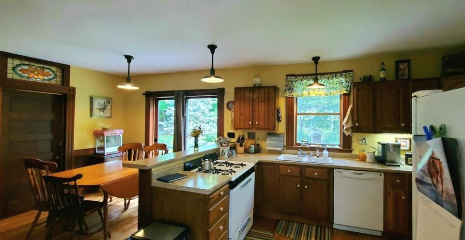 Kitchen or kitchenette, dishwasher, oven, stove