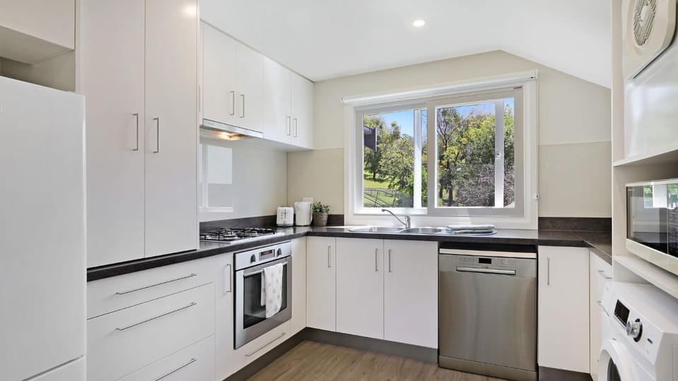 Kitchen or kitchenette, dishwasher, stove, toaster