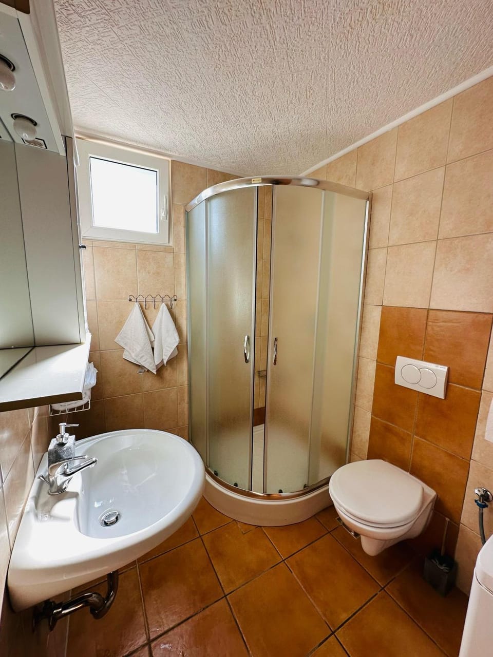 Shower, Toilet, Bathroom, hair dryier, towels