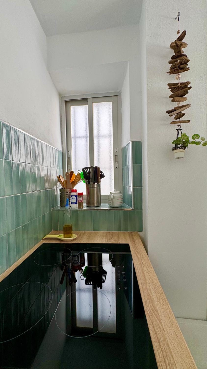 Kitchen or kitchenette, stove