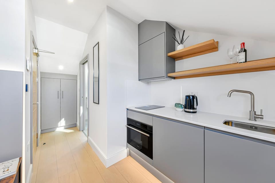 Kitchen or kitchenette, oven, stove, wardrobe
