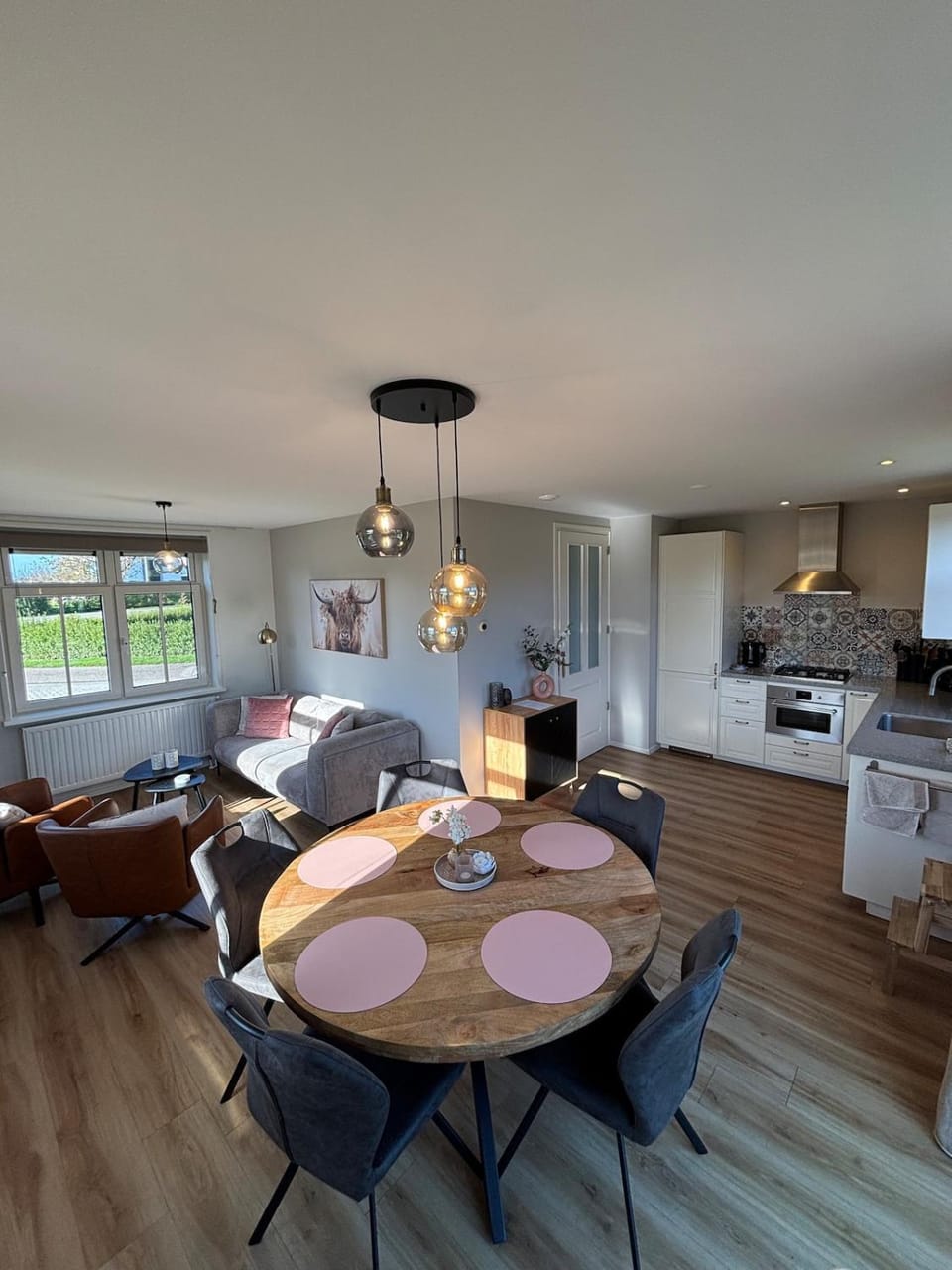 Kitchen or kitchenette, Living room, Seating area, Dining area, stove