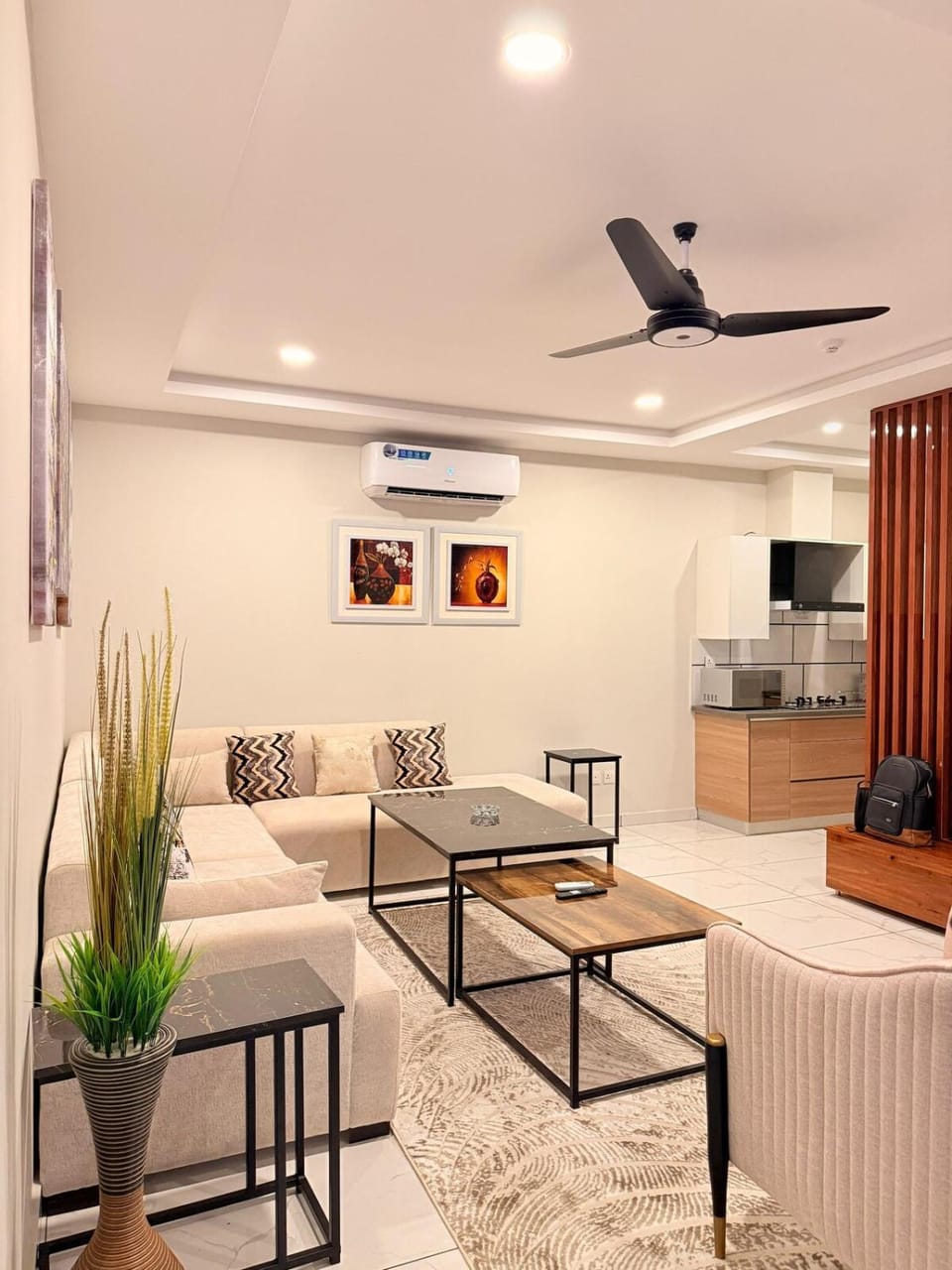 Kitchen or kitchenette, Living room, Seating area, air conditioner