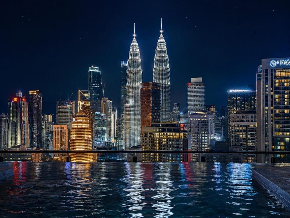 Night, City view, Swimming pool