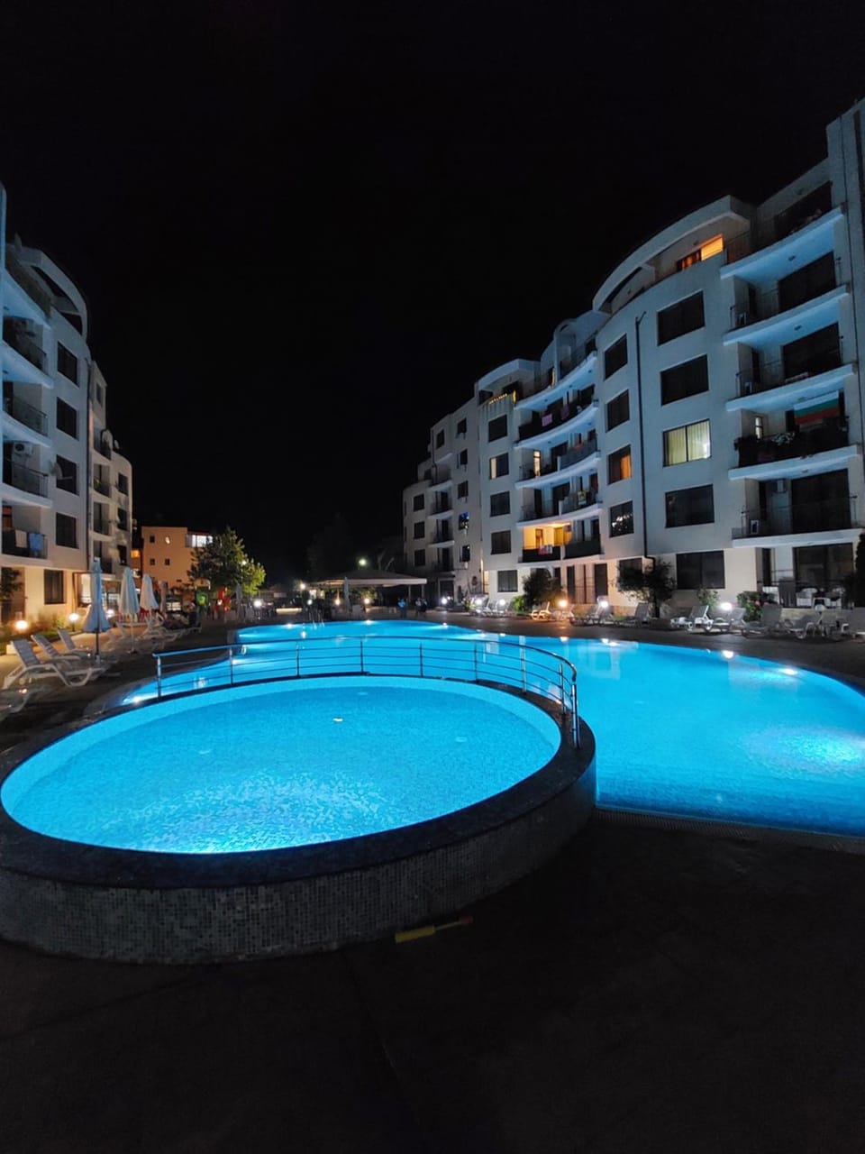 Property building, Night, Pool view, Swimming pool, sunbed