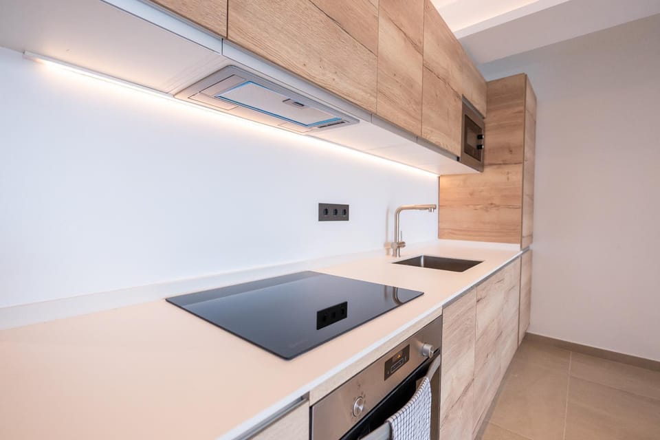 Kitchen or kitchenette, stove