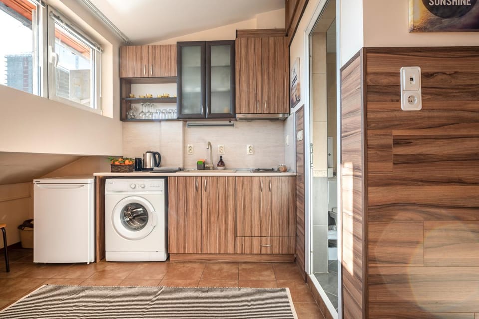 Kitchen or kitchenette, stove