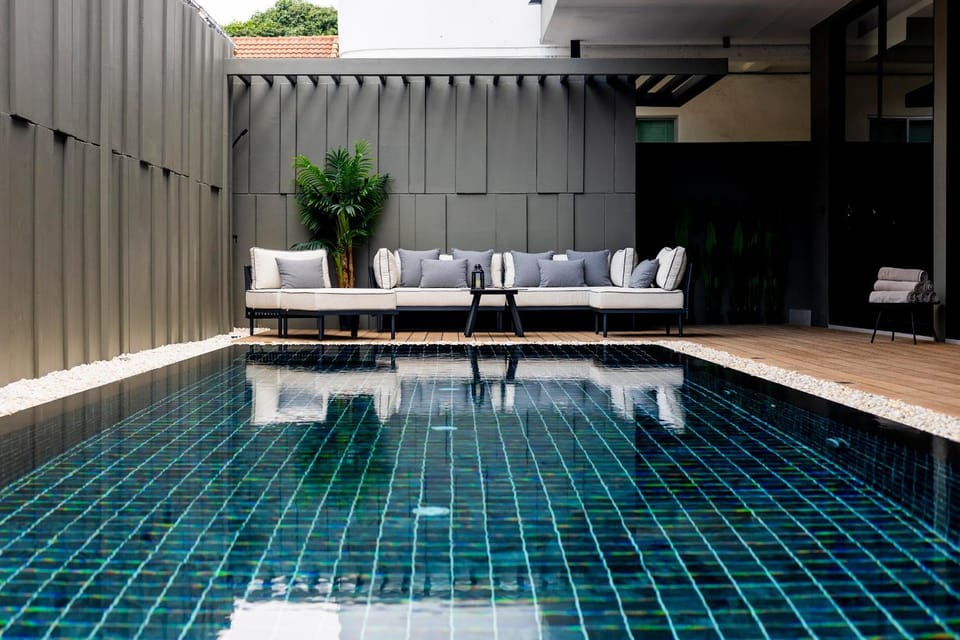 Patio, Seating area, Swimming pool, sunbed