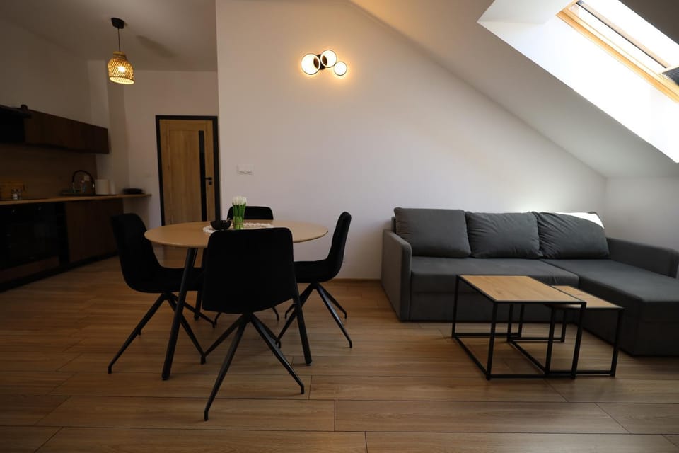 Kitchen or kitchenette, Living room, Seating area, Dining area