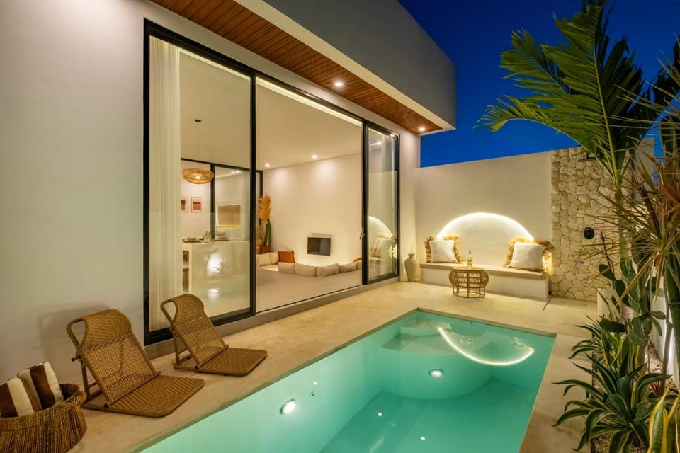 Patio, Night, Natural landscape, Seating area, Pool view, Swimming pool, sunbed