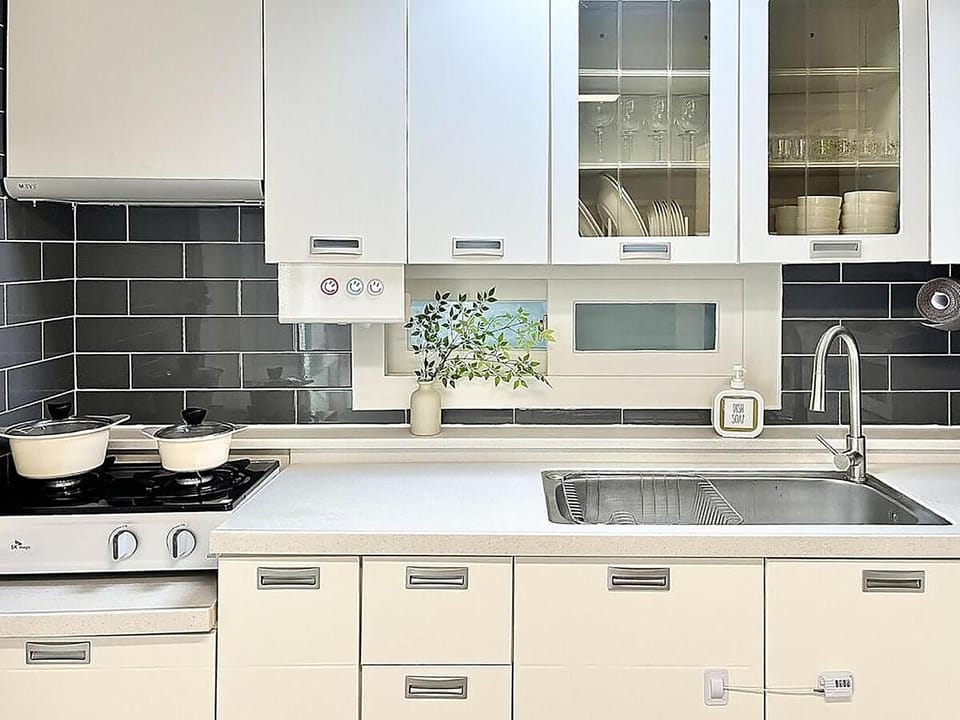 Kitchen or kitchenette, stove