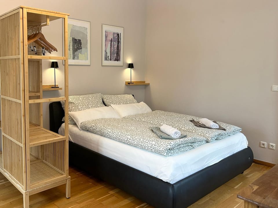 Bed, Photo of the whole room, Bedroom, towels, wardrobe