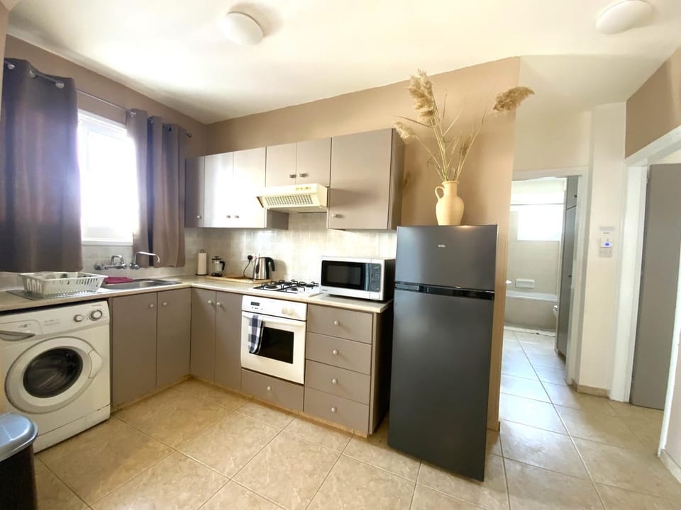 Kitchen or kitchenette, stove, washing machine