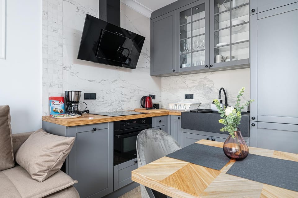 Kitchen or kitchenette, stove