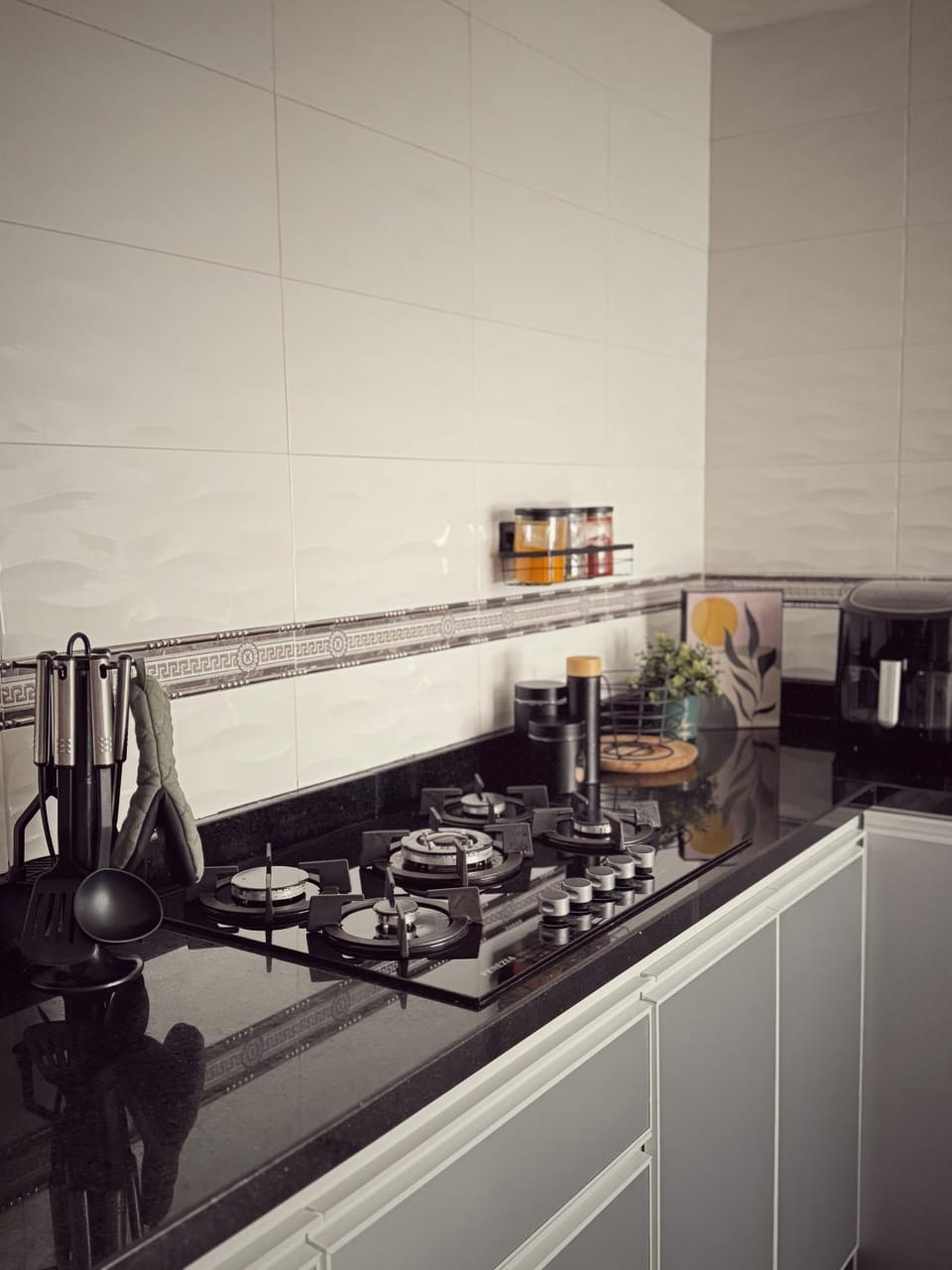Kitchen or kitchenette, stove
