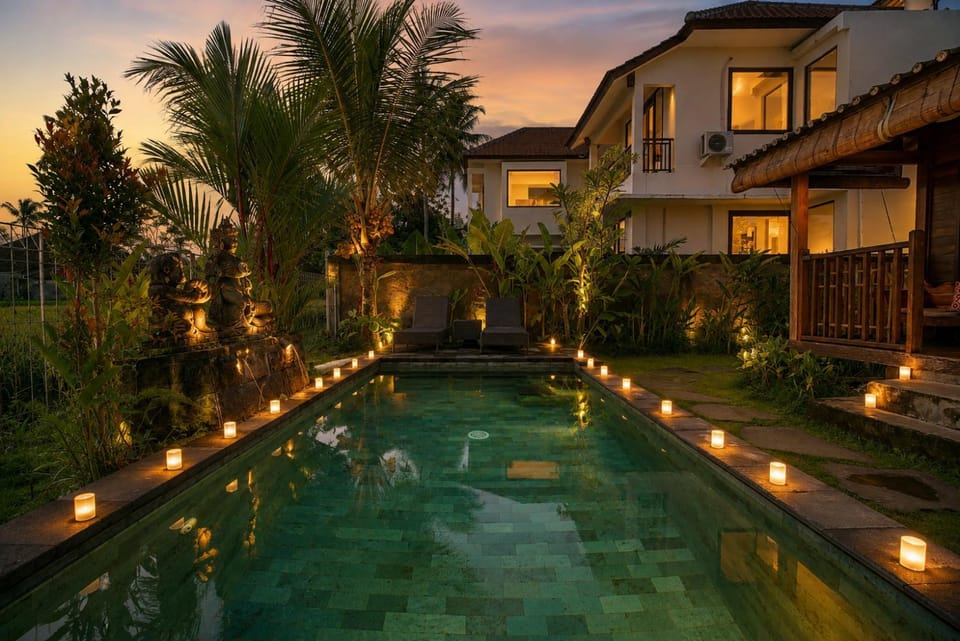 Property building, Night, Garden, Garden view, Pool view, Swimming pool