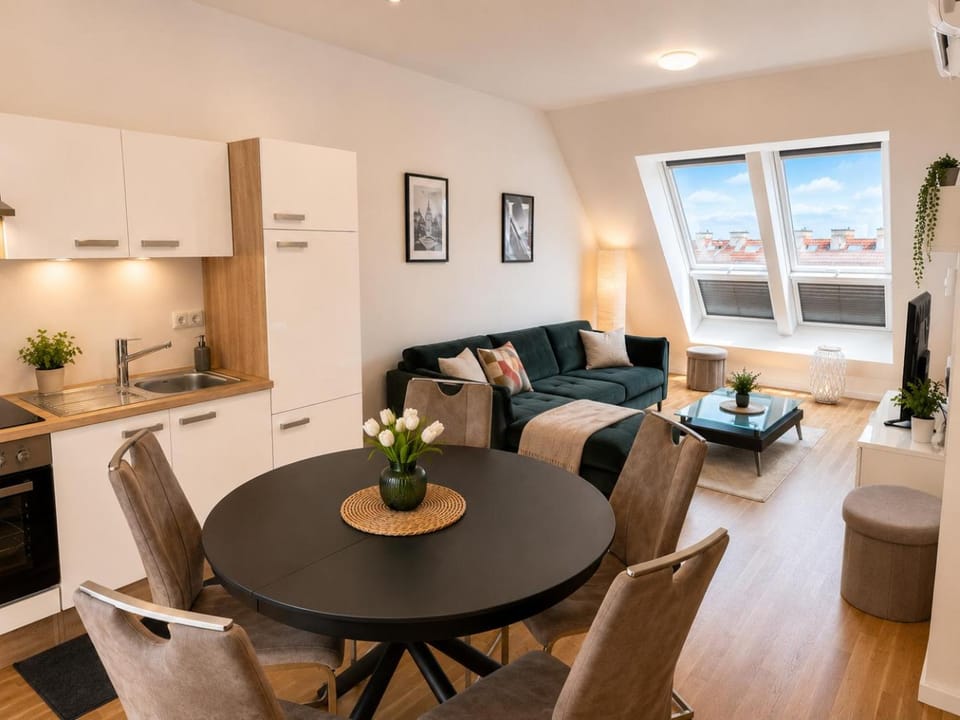 Kitchen or kitchenette, Living room, Seating area, Dining area