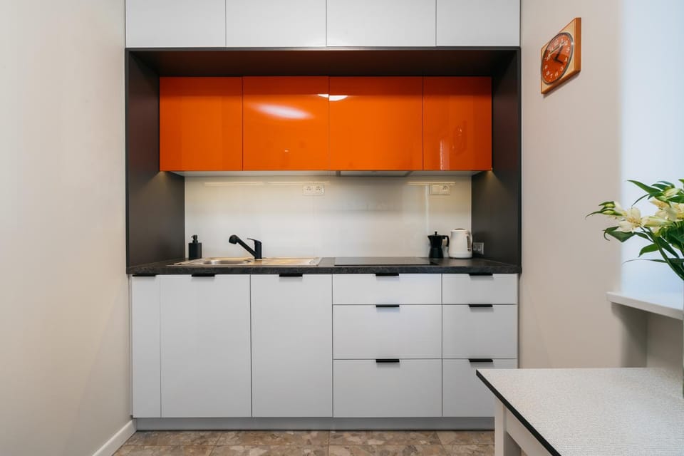 Kitchen or kitchenette, stove