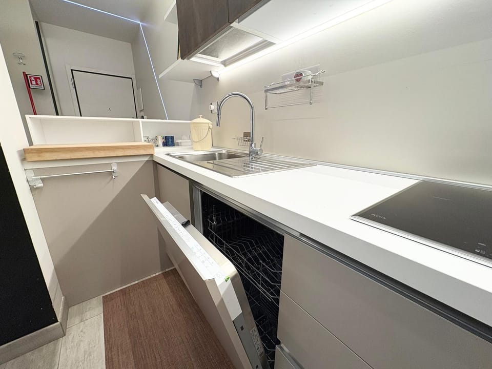 Kitchen or kitchenette, dishwasher, stove