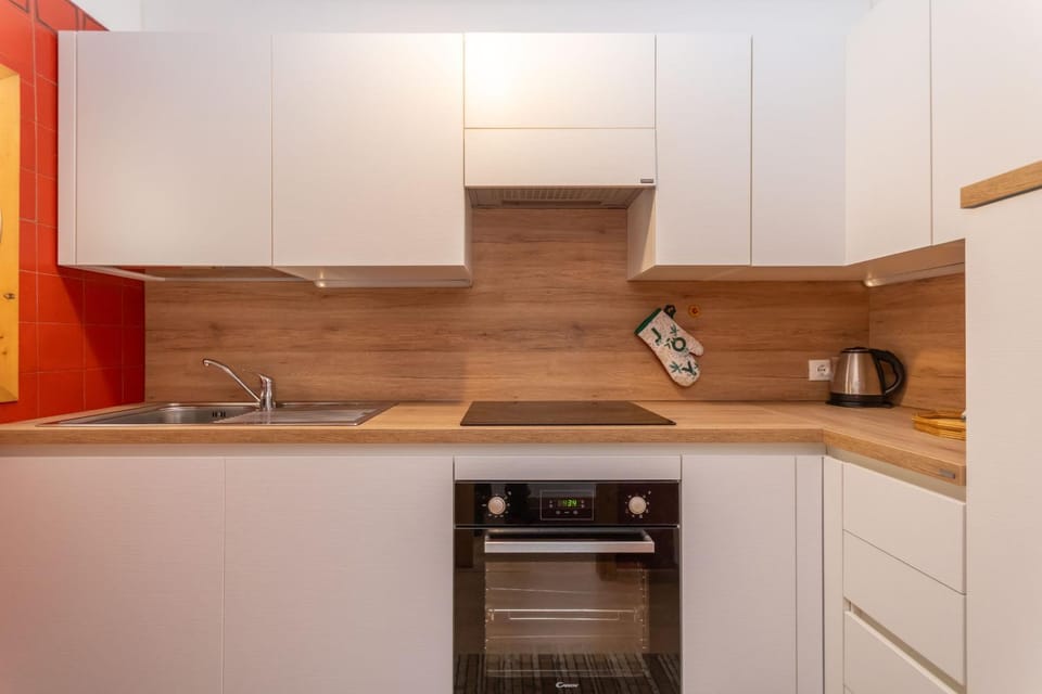Kitchen or kitchenette, stove