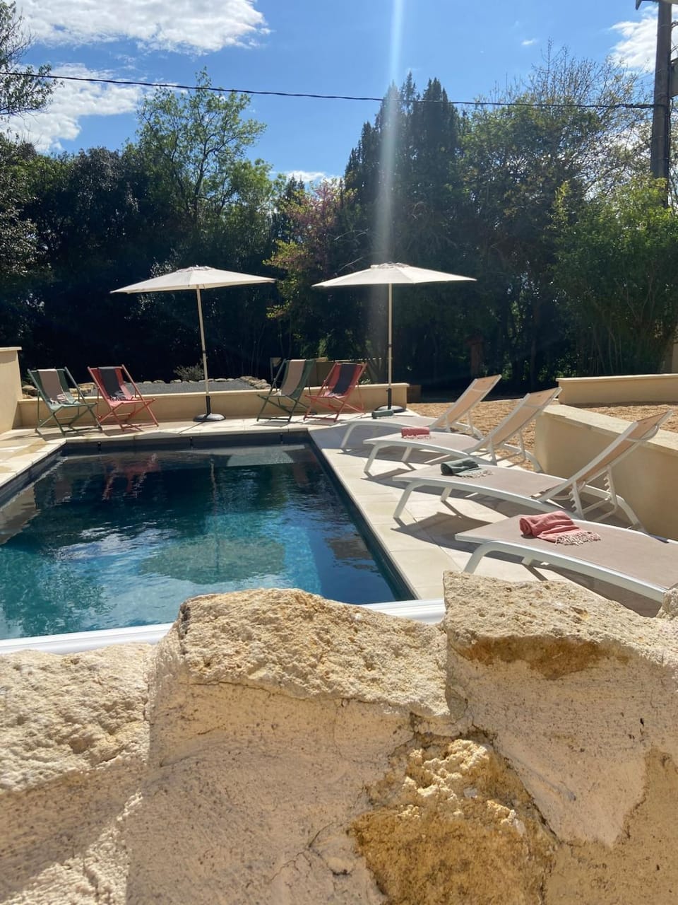 Patio, Natural landscape, Garden, Pool view, Swimming pool, sunbed