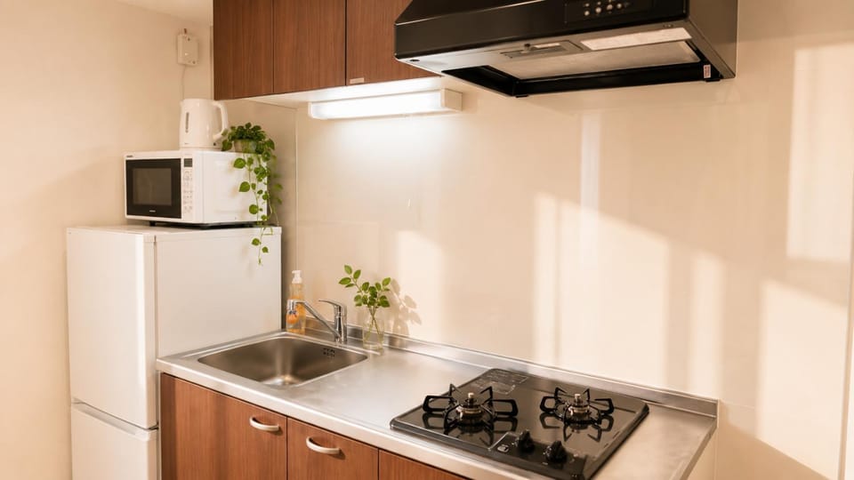 Kitchen or kitchenette, Photo of the whole room, microwave, stove, kitchen