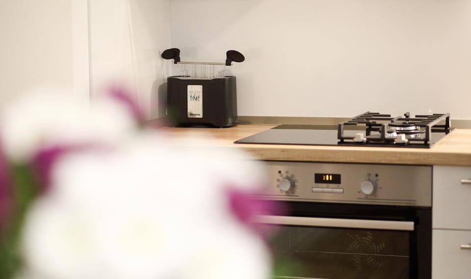 Kitchen or kitchenette, stove, toaster
