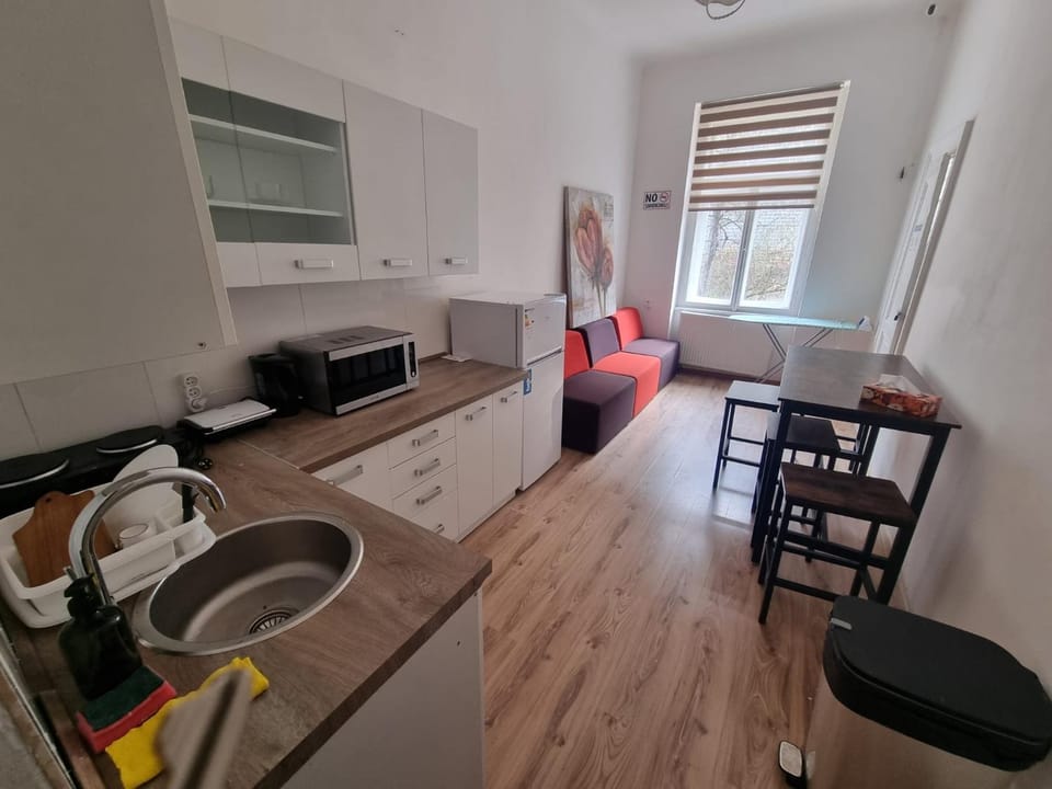 Kitchen or kitchenette, Living room, Seating area, Dining area