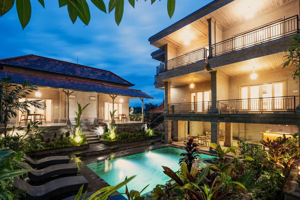 Property building, Patio, Night, Garden, Pool view, sunbed