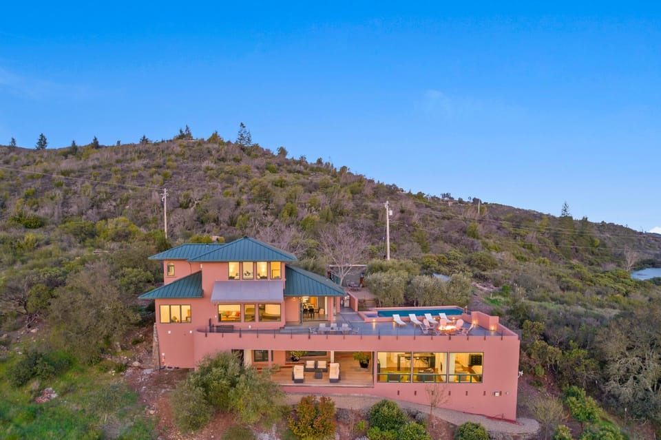 Property building, Patio, Swimming pool, Sunset