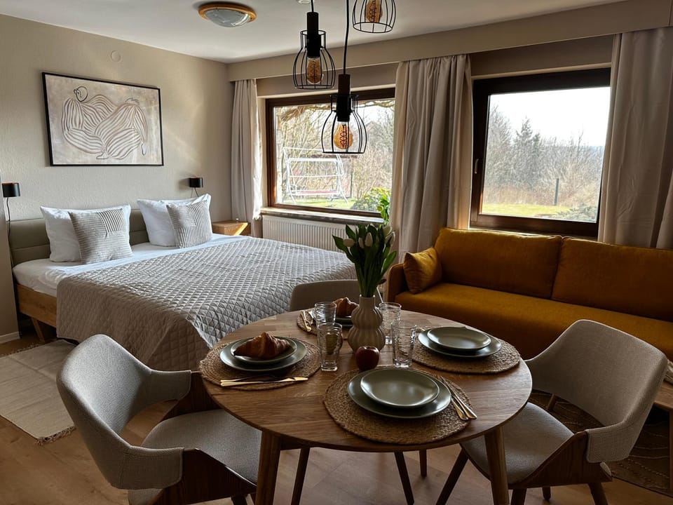 Bed, Living room, Dining area