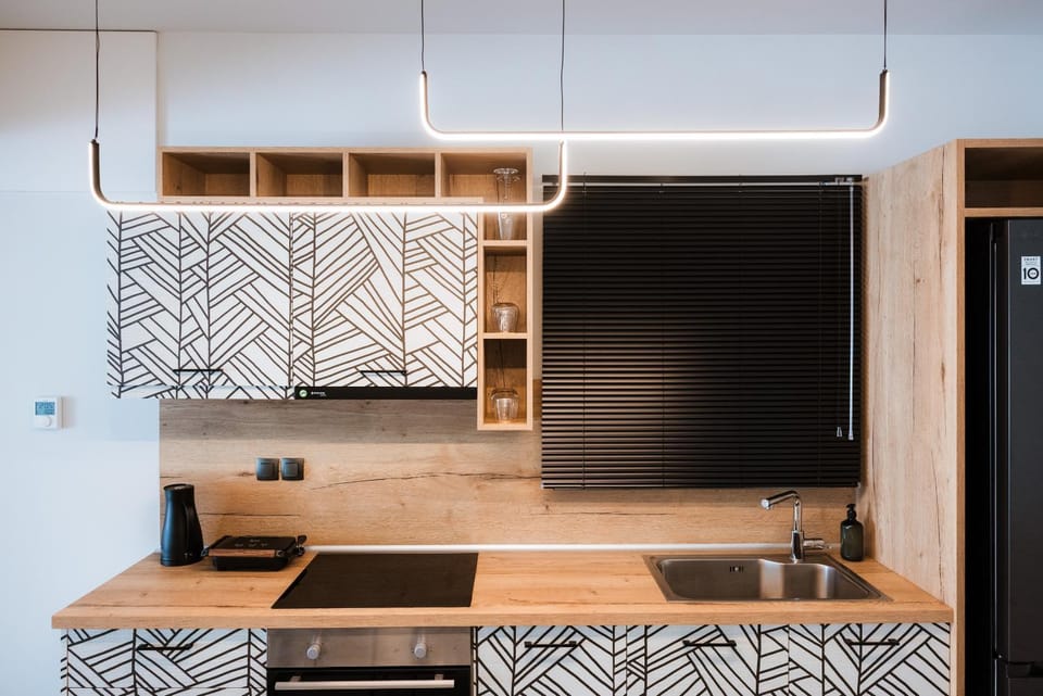 Kitchen or kitchenette, stove
