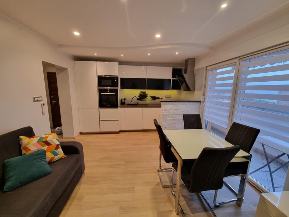 Kitchen or kitchenette, Living room, Seating area, Dining area
