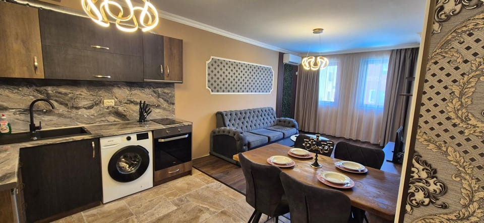 Kitchen or kitchenette, Living room, Seating area, Dining area, oven, stove, washing machine