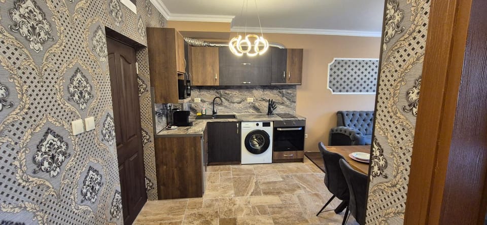 Kitchen or kitchenette, Seating area, oven, stove, washing machine