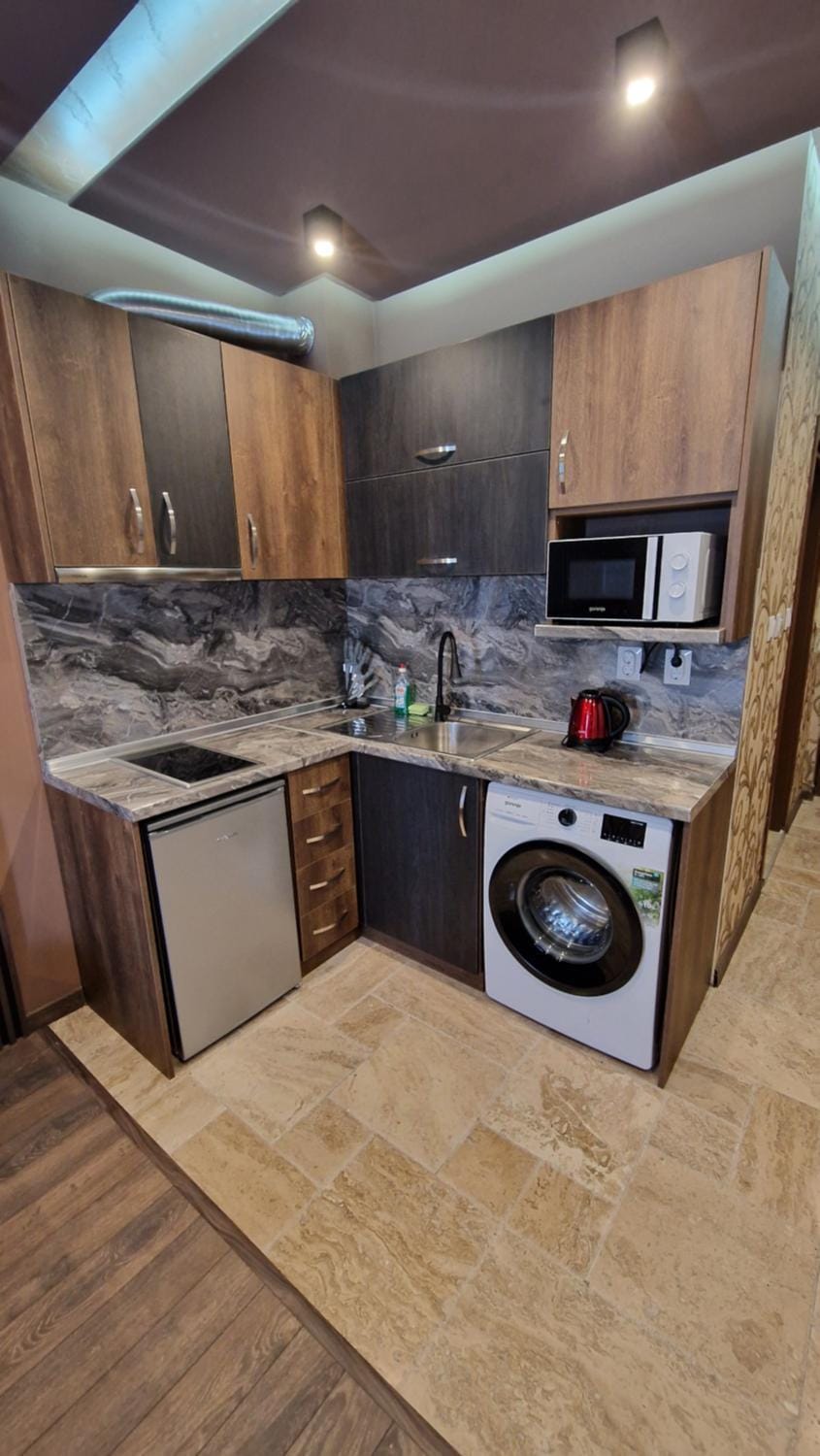 Kitchen or kitchenette, minibar, stove, washing machine