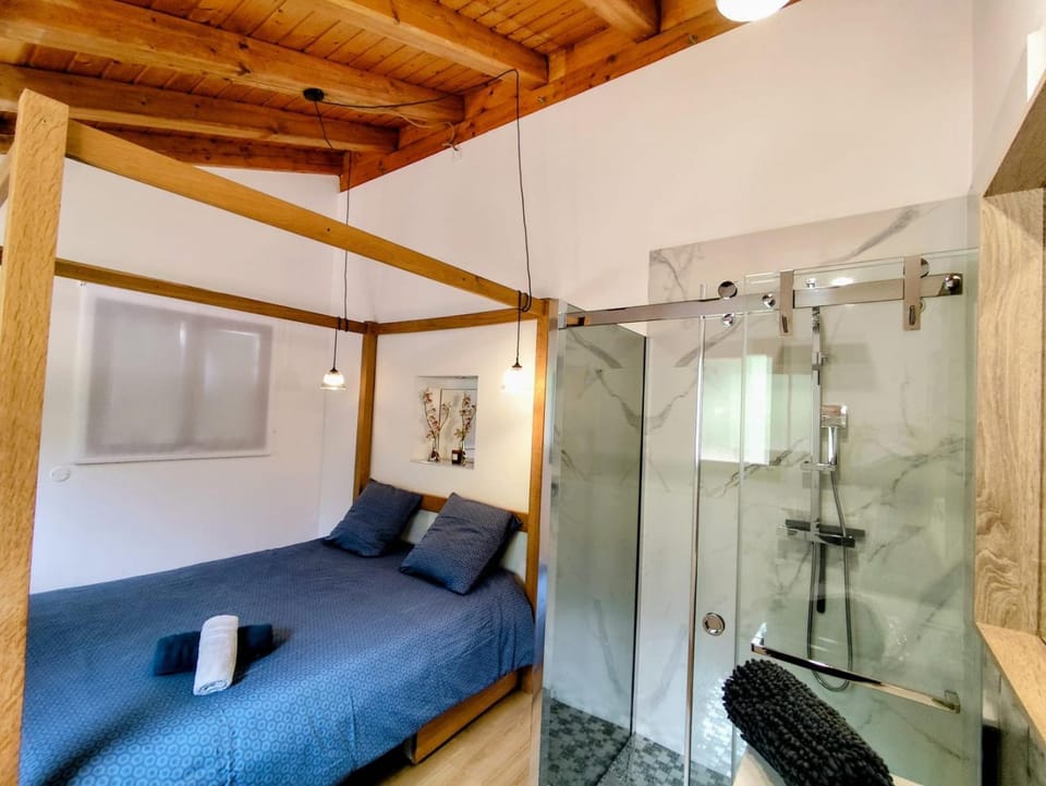Shower, Bed, Bathroom, Photo of the whole room, Bedroom, towels