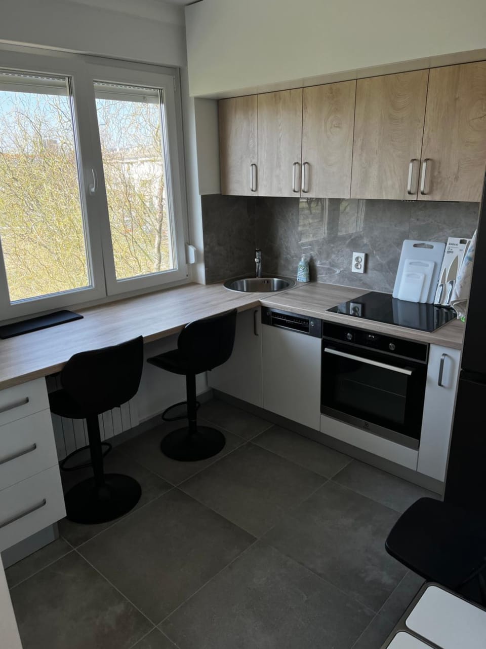 Kitchen or kitchenette, dishwasher, oven, stove