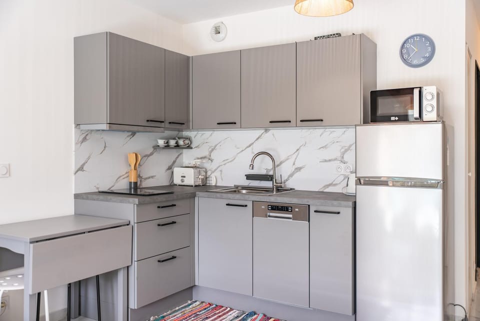 Kitchen or kitchenette, dishwasher, stove, toaster