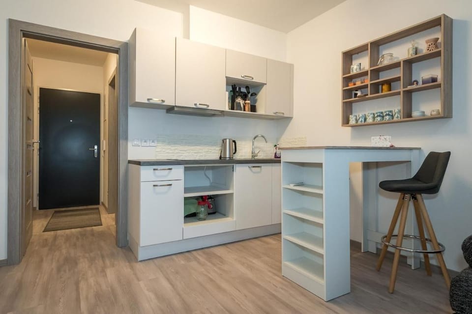 Kitchen or kitchenette, stove