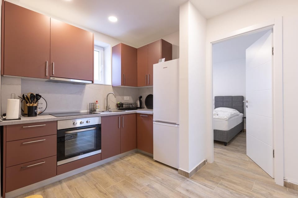 Kitchen or kitchenette, stove