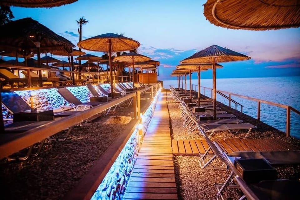 Patio, Natural landscape, Beach, Sea view, Sunset, sunbed